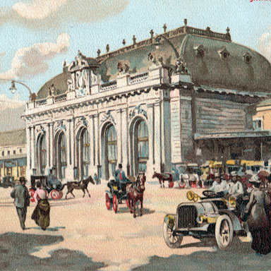 Ansichtkaart station Milaan, ca. 1905 | onbekende illustrator (collectie Arjan den Boer)