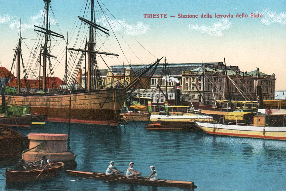 Ansichtkaart Triëst met Stazione dello Stato, ca. 1910 | Collectie Arjan den Boer