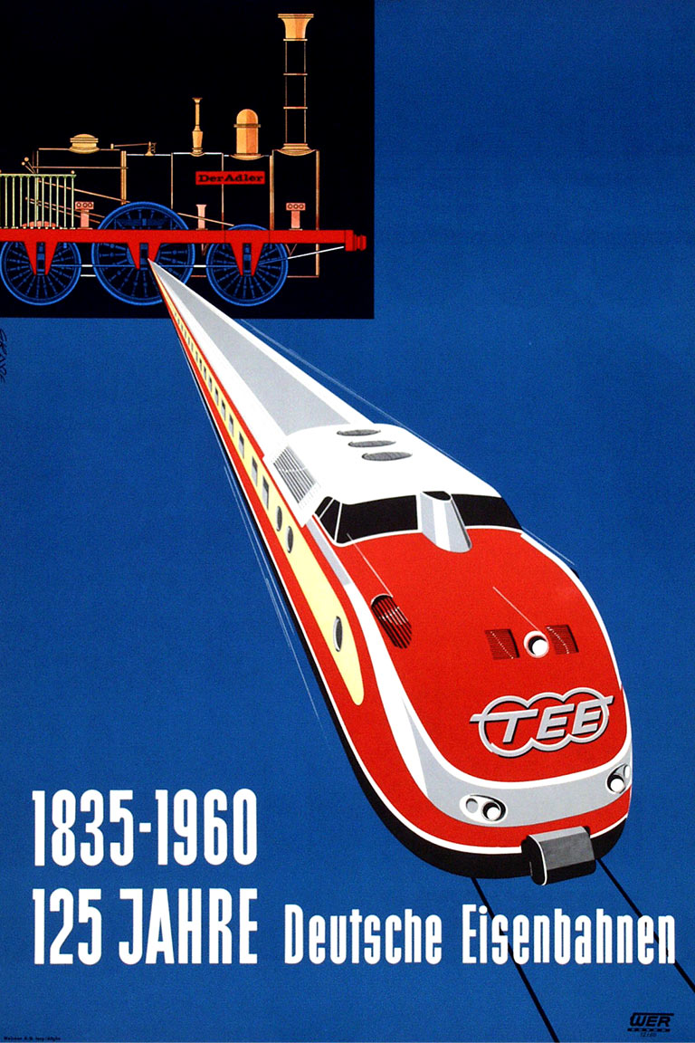 Affiche 125 Jahre Deutsche Eisenbahnen, 1960 | Ontwerp: Himke Faber (foto Van Sabben Poster Auctions)