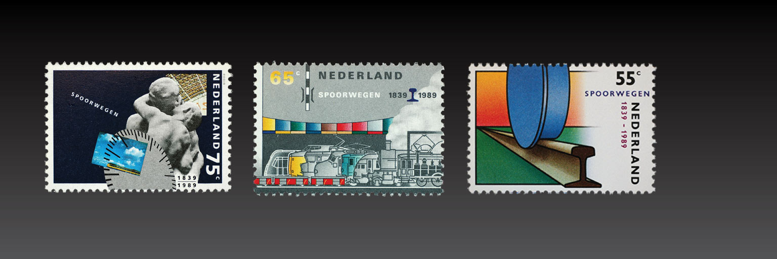 Postzegels 150 jaar spoorwegen, 1989 | Ontwerp: Studio Dumbar, Paul Mijksenaar en Donald Janssen