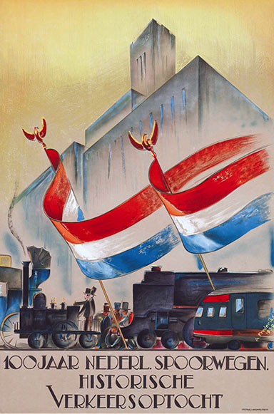 Affiche Verkeersoptocht 100 jaar NS | Ontwerp A. Frederiks, collectie Spoorwegmuseum
