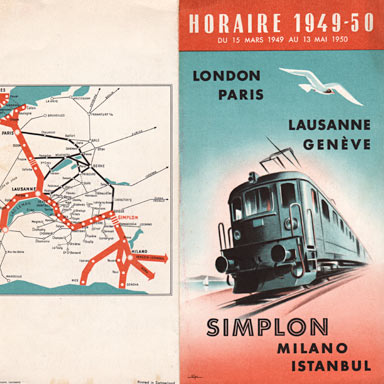 Dienstregeling Simplon-Milano-Istanbul, 1949-50 | Ontwerper onbekend (collectie Arjan den Boer)