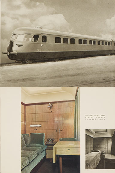 Autotreni (treinstellen) met salons en restaurant | Uit: Fiat produzione ferroviaria, 1942 (Wolfsonian-FIU Library) 