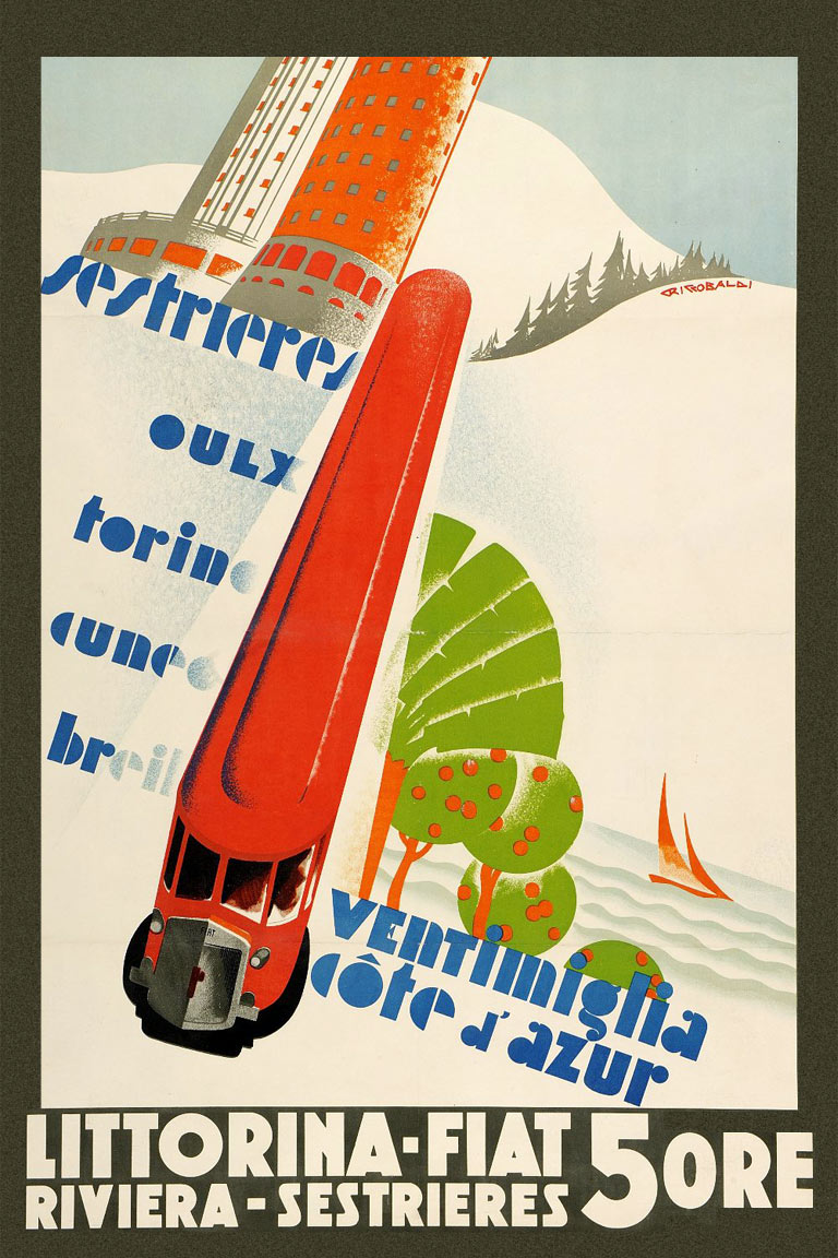 Affiche Littorina Riviera-Sestrieres, 1934 | Ontwerp: Ricobaldi (Bolaffi Ambassador Auctions) 