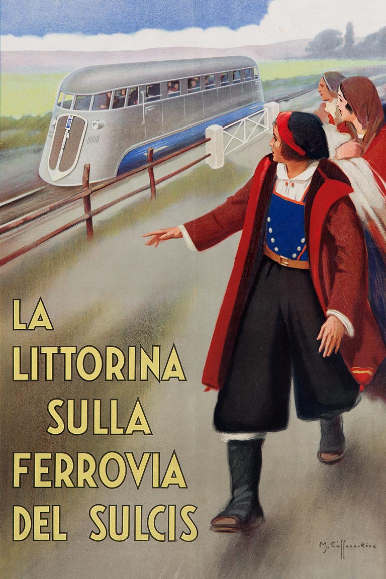 Affiche Littorina Ferrovia del Sulcis, 1935 | Ontwerp: Mario Caffaro Rore (Galleria L'image, Alassio) 