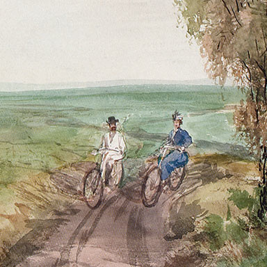 De kunstenaar zelf (links) op de fiets, detail panorama | Pavel Piasetsky (State Hermitage Museum)