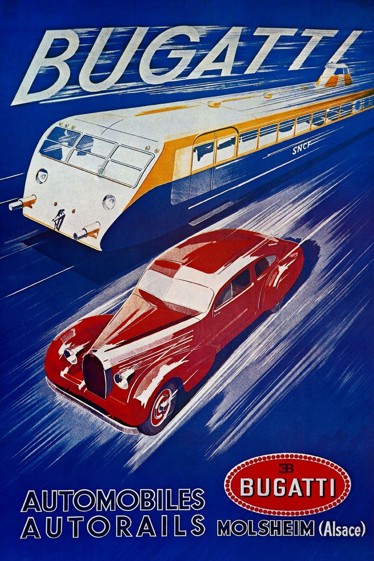 Affiche Bugatti Automobiles Autorails, 1938 | Ontwerp R. Géri (Bugatti Trust, Prescott)