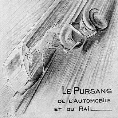 Schets en affiche Le Pursang de l'Automobile et du Rail | Lidia Bugatti, 1936