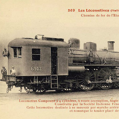 Ansichtkaart/tekening locomotief FS 6943 | F. Fleury (Wikimedia Commons) / Metzeltin (Vereinszeitschrift deutscher Ingenieure)